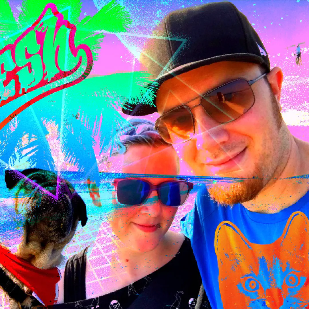 A ridiculously overprocessed photo with '80s colors and vibes of my wife, our dog Atze, and me on the beach